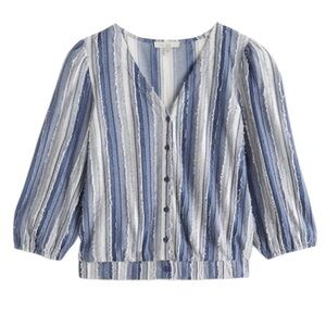 PALE SKY MILLE THREE QUARTER SLEEVE TEXTURED BUTTON FRONT KNIT TOP